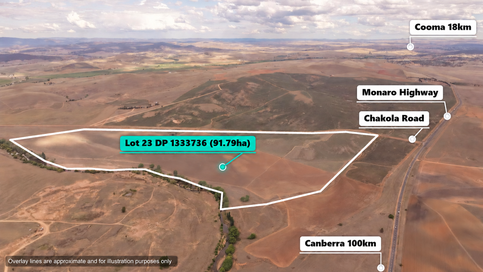 Aerial photograph showing Lot 23, 91.79 hectares, Chakola Road, Monaro Highway and directions to Cooma and Canberra. Overlay lines are approximate and for illustration purposes only.